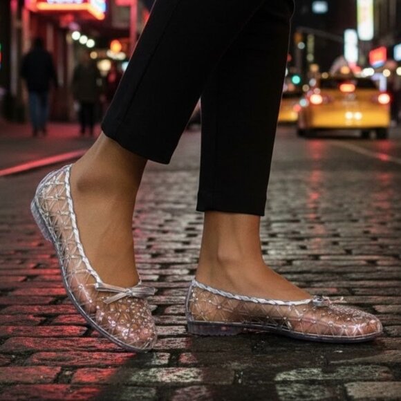 Stuart Weitzman Jellystone Clear Jelly Rhinestone Ballet Flats Silver - Picture 1 of 13